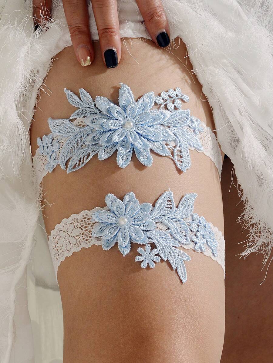 Garter Belt Set - 2pcs/Set Fashionable Court-Style White Lace Blue
