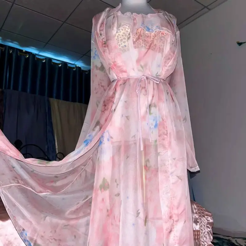 Pink Silk Printed See Through  - Robe Silk Women avis et prix