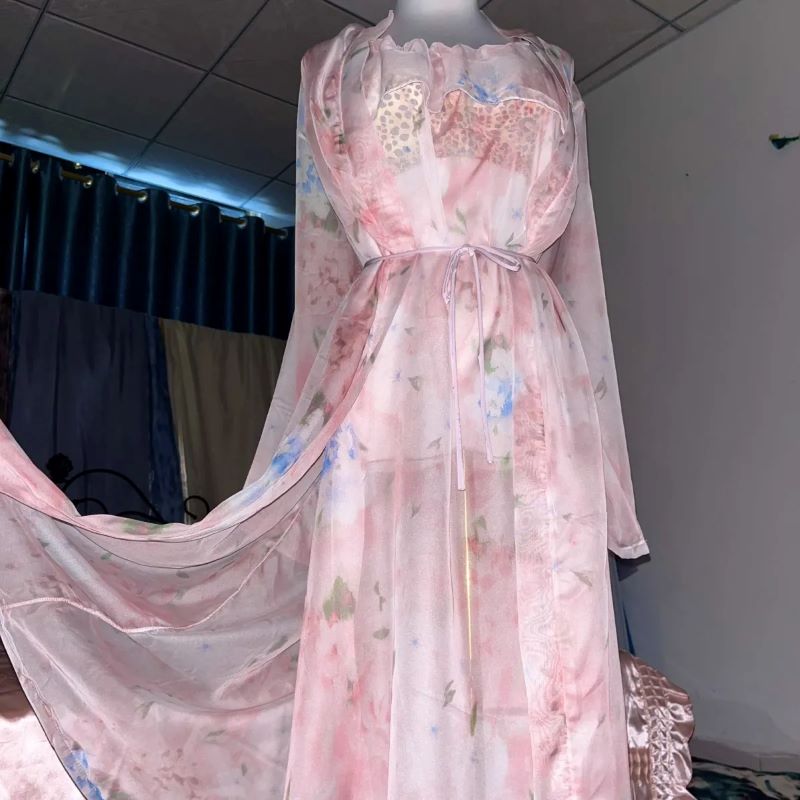 Pink Silk Printed See Through  - Robe Silk Women avis et prix